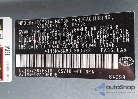 2009 Toyota Camry Le V6 from USA, damaged, VIN 4T1BK46K89U583583